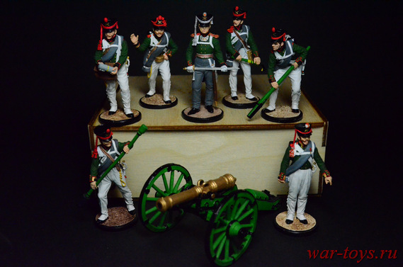 Набор оловянных солдатиков - Русский артиллерийский расчет. 7 фигурок плюс пушка